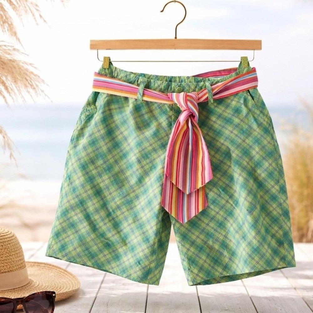 POUT M Victoria's Secret Y2K Vtg Plaid Lounge Shorts Tie Waist Green Blue Pink